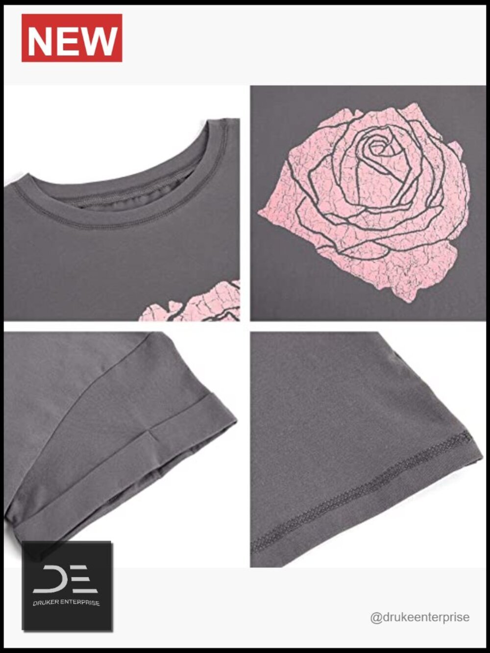 Women's Rose Graphic Tee Shirt Loose Fit Boyfriend Crew Neck Short Sleeve - Picture 3 of 7